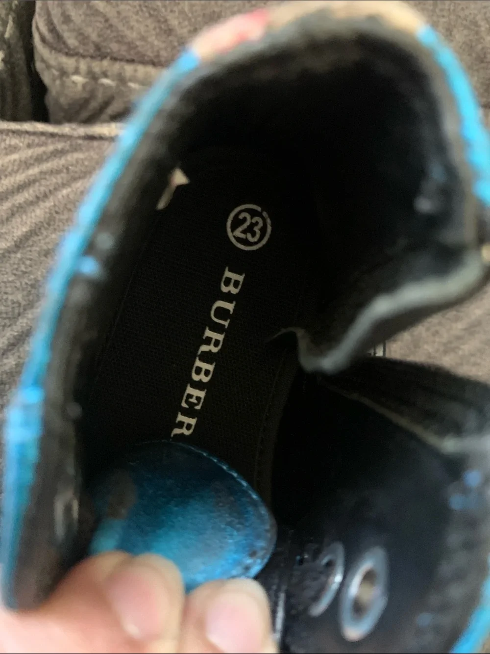 Burberry Kids Metallic Blue High-Top Sneakers side zipper size 23